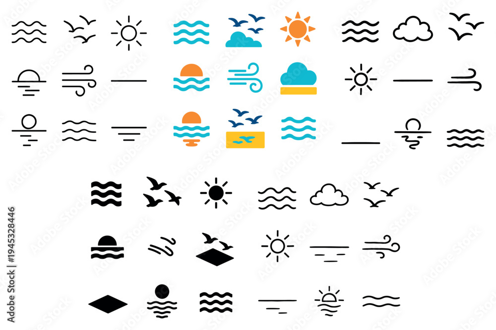 Obraz premium Coastal icons with sun bird flat