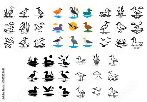 Water icons with ducks reeds birds colorful