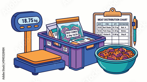 Meat Weighing, Packaging, and Distribution Illustration: Digital Scale, Packaged Beef Cubes, and Inventory Chart. Food Supply Chain, Butcher, and Logistics Concept.