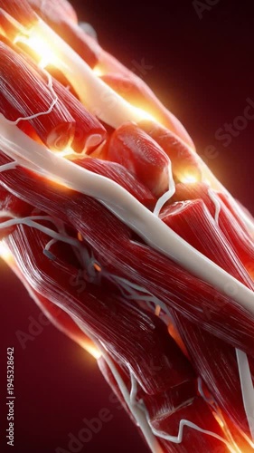 Detailed Anatomy of the Arm: A close-up view of intricate arm anatomy showcasing muscular and vascular structures with glowing veins and arteries against a deep red backdrop.
