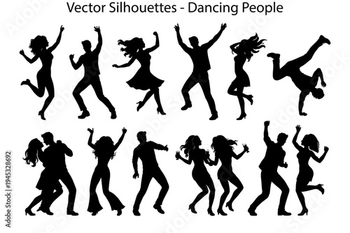 Dancing people silhouettes vector set. 