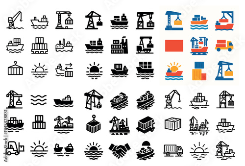 Maritime icons with ship crane container minimal