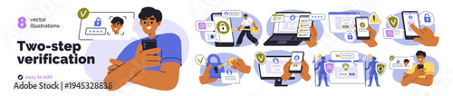 Two-step verification, safe 2-factor authentification for user account security. Secure login, access to ID with password, double check. Flat vector illustrations isolated on white background