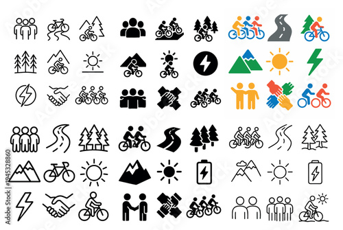 Mountain icons with group bicycle people bold