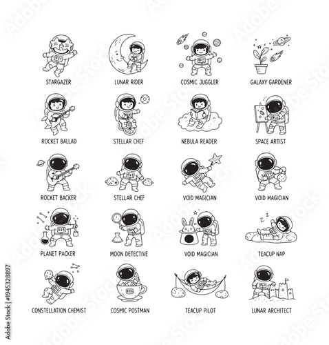 Cute Whimsical Astronaut Life Stargazer and Lunar Architect Hand-drawn