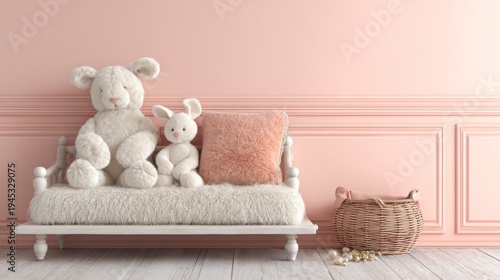 Soft toys sitting on a small sofa against a light pink wall