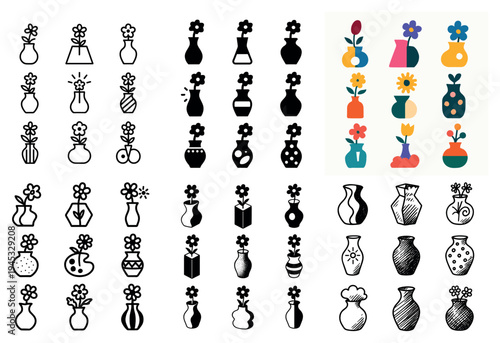 Floral icons with vases and flowers outline