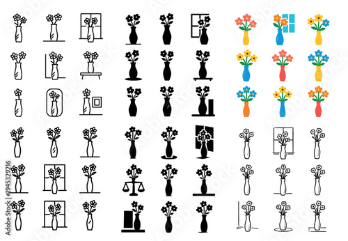 Bouquet icons with vase stem window outline