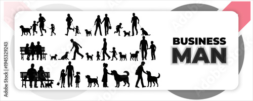 Set of pedestrian silhouettes featuring diverse people walking standing waving and walking dogs 
with various bags and accessories isolated on white background vector illustration