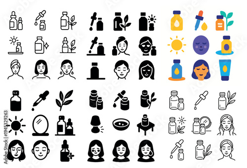 Beauty icons with bottle dropper woman flat