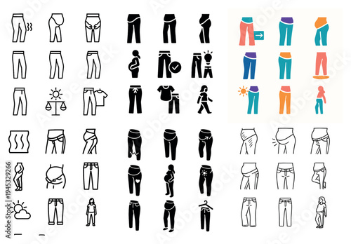Maternity pants icons with pregnant belly side flat