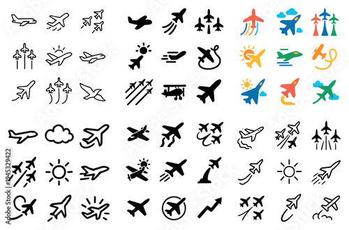 Aviation icons with plane arrow takeoff minimal