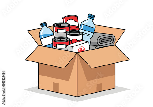 Cartoon illustration of open cardboard box with food and water supplies inside for donation