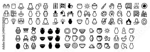 Pottery icons with jar bowl cup outline
