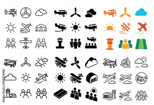 Aviation icons with biplanes clouds minimal