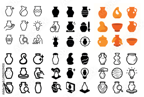 Pottery icons with vase bowl hand flat