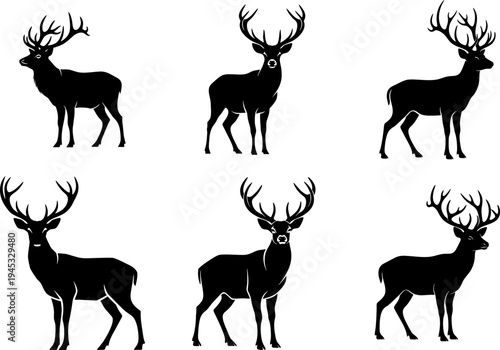 Deer Silhouette Set Vector, Wild Stag Animal Icons Collection Isolated on transparent Background