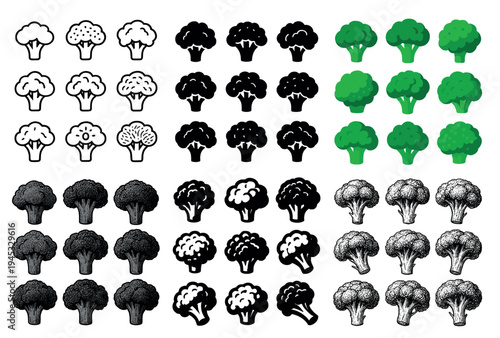 Vegetable icons with broccoli and floret outline