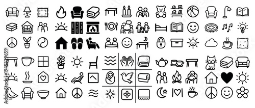 Home icons with sofa lamp book outline