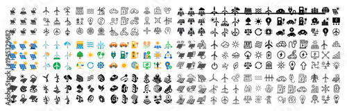 Energy icons with solar panels wind turbines minimal