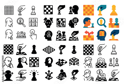 Strategy icons with chessboard pawn and head minimal