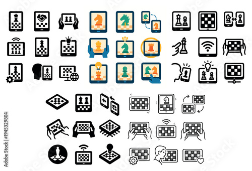 Chess icons with mobile and tablet pieces modern outline