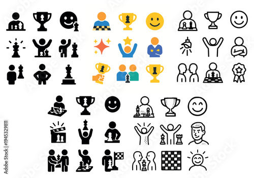 Achievement icons with trophy star chessboard minimal