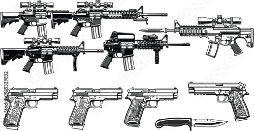 Firearms and pistol weapon illustration set featuring tactical rifles handguns and combat knife detailed military equipment vector collection isolated design