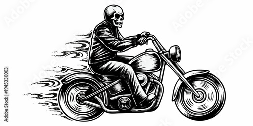 Skeleton Biker Riding Chopper Motorcycle with Speed Flames Vector Illustration