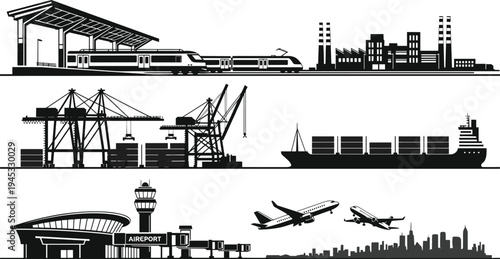 Global transportation infrastructure silhouette featuring train station seaport cargo ship airport airplanes industrial skyline logistics vector illustration