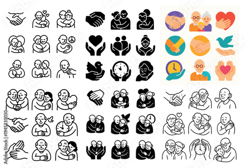 Care icons with people heart hands outline
