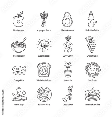 Healthy Nutrition Hand-drawn featuring Hearty Apple, Aspargus Bunch, Happy Avocado, Hydration Bottle, Breakfast Bowl, etc