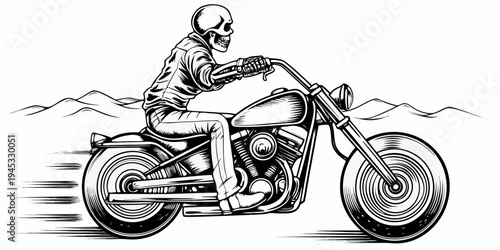 Skeleton Biker Riding Chopper Motorcycle - Gothic Skull Rider Illustration