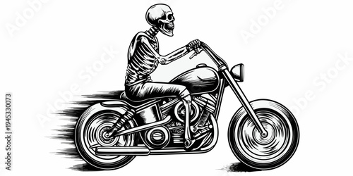 Speeding Skeleton Rider on Custom Chopper - Vintage Biker Skull Illustration