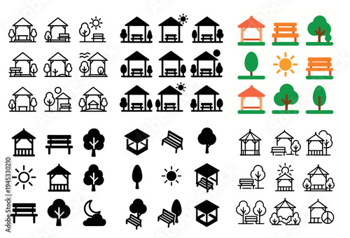 Park gazebo icons with gazebo bench and tree colorful