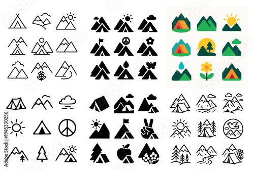 Outdoor icons with tent mountain sun minimal