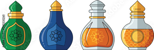 Colorful cartoon bottles with intricate designs on white background