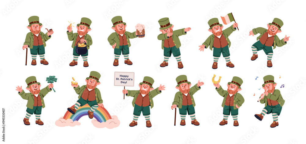Naklejka premium Funny leprechaun, St. Patrick day character. Happy elf, fairytale dwarf in hat with beer, shamrock, Ireland flag. Cute Irish holiday mascot set. Flat vector illustration isolated on white background