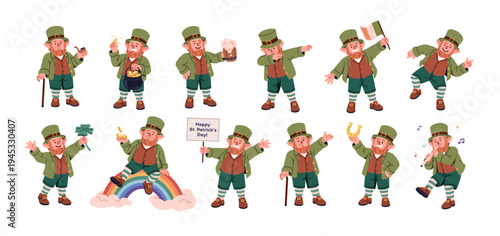 Funny leprechaun, St. Patrick day character. Happy elf, fairytale dwarf in hat with beer, shamrock, Ireland flag. Cute Irish holiday mascot set. Flat vector illustration isolated on white background