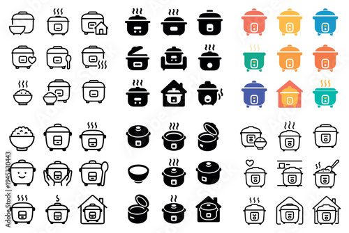 Kitchen icons with rice cooker bowl colorful