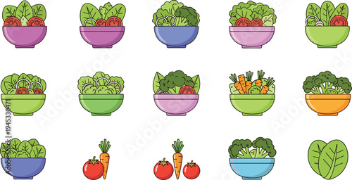 Fresh vegetable salad bowl vector set with lettuce, broccoli, carrots, tomatoes and leafy greens in colorful flat cartoon style for healthy food design