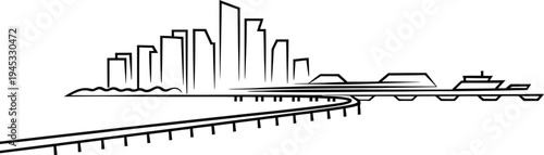 City skyline outline with buildings, railway tracks, and ships on transparent background