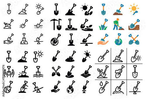 Gardening icons with shovel hand colorful flat