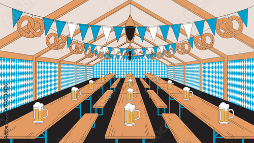 A festive beer hall with wooden tables and benches decorated with pretzels and beer mugs for Oktoberfest celebrations