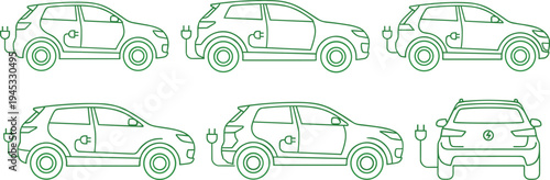 Electric car charging vector set with eco friendly EV vehicles and plug icons in outline style for green transportation, sustainable energy and future mobility concept