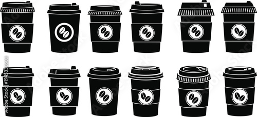 Takeaway coffee cup silhouette vector set with disposable coffee mugs and lids featuring coffee bean icons for cafe branding, beverage packaging and drink illustrations