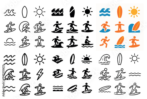Surfing icons with surfer surfboard wave minimal outline