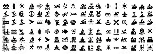 Seaside icons with sailboat surfer diver minimal