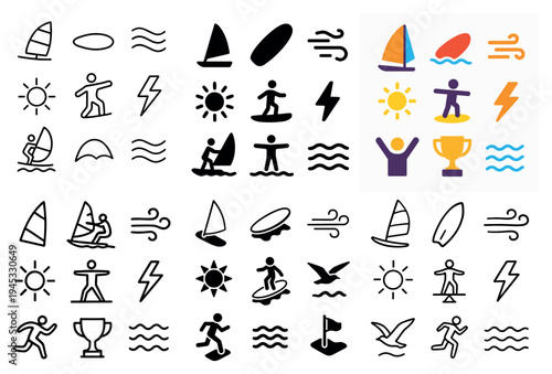 Watersports icons with windsurfer surfboard person outline