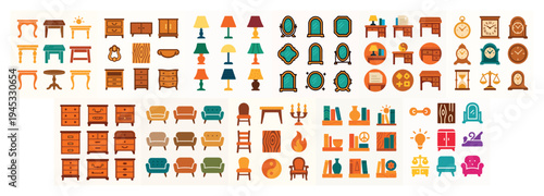 Livingroom icons with sofa lamp mirror colorful flat